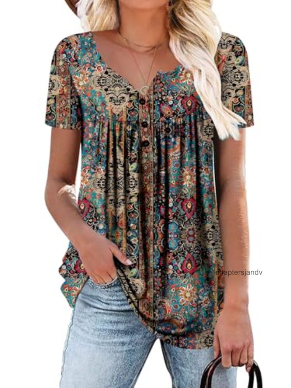 Women's Flowey Tunic Top with Button Front Pleated Hem Blouse